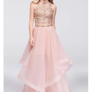 David’s Bridal Two Piece Pink Mesh Prom Dress